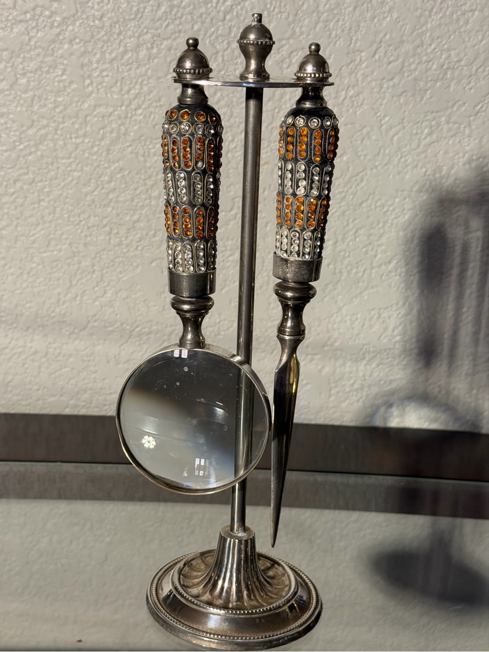 Vintage Bombay Co. Bejeweled Magnifying Glass & Letter Opener with Stand 1990’s